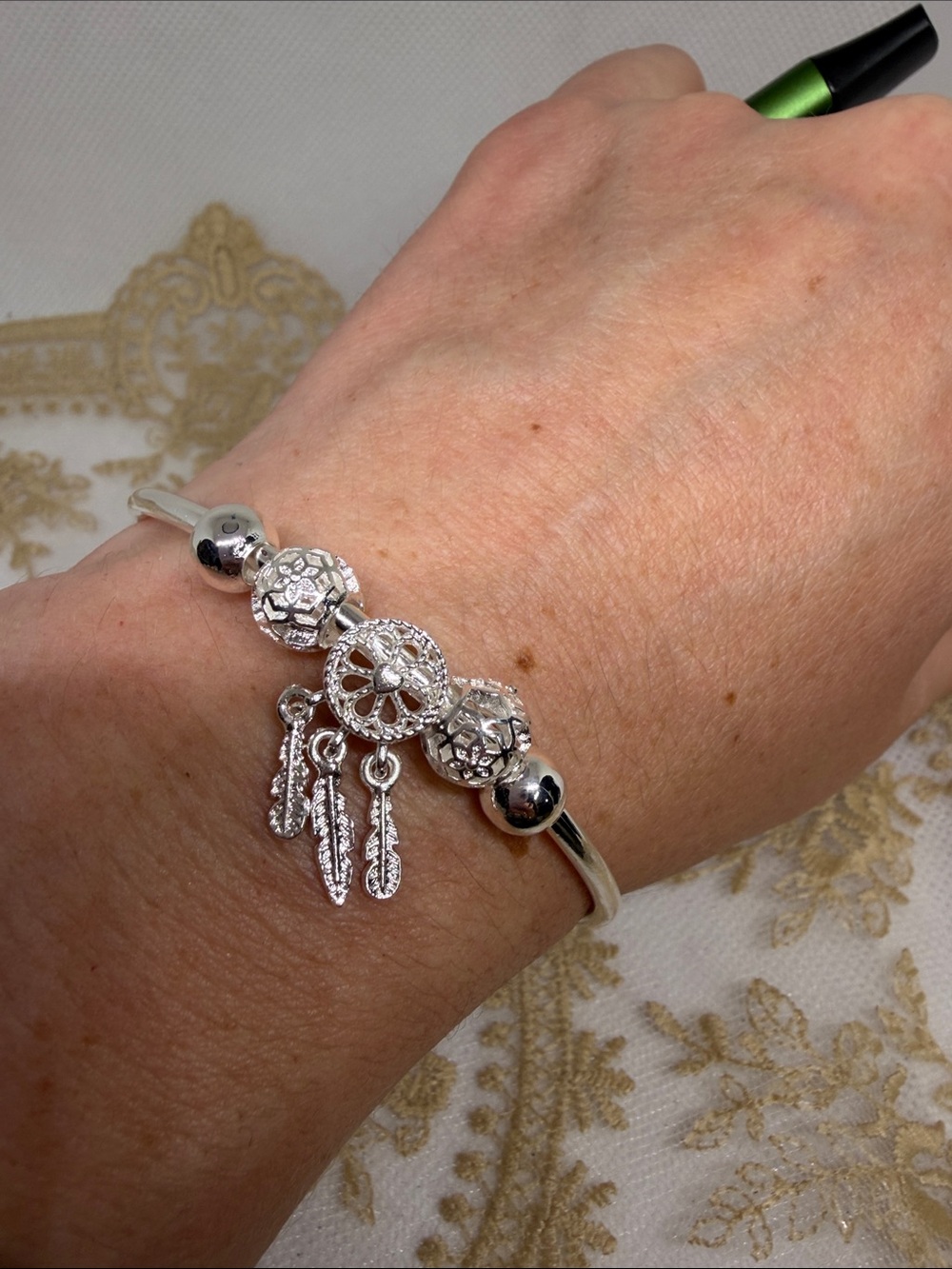 925 Sterling Silver Boho Pass Through Bangle Feather Charm Artisan Bracelet